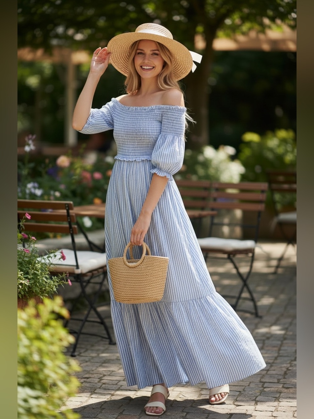 Simplee Blue and White Striped Off-Shoulder Maxi Dress Smocked Bodice Sz S